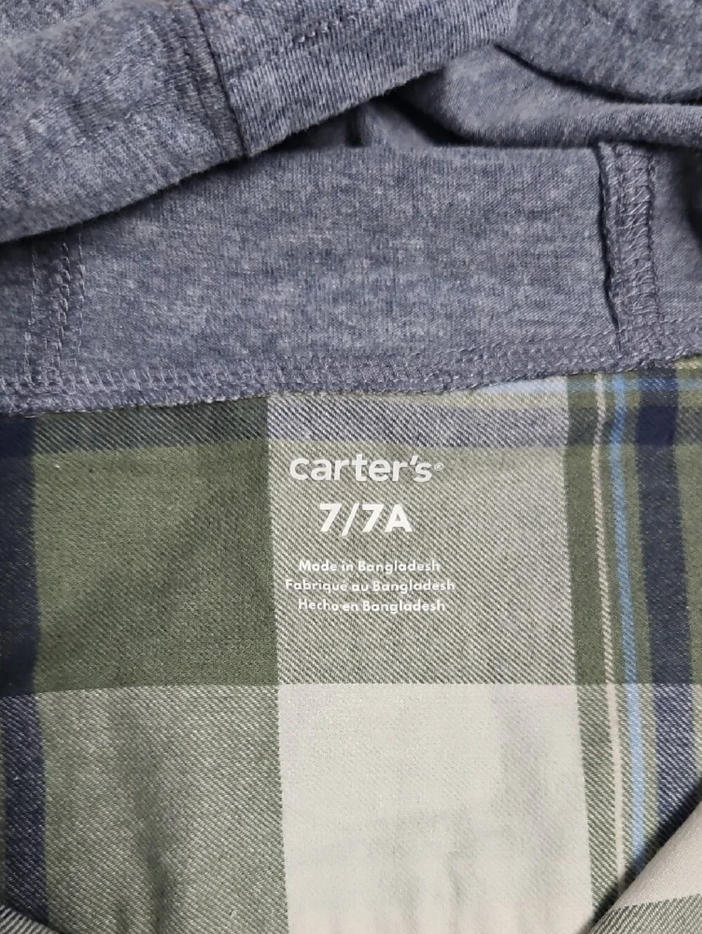 Carter's Boys Green Plaid Button-Down Shirt with Heather Blue Hood Size 7